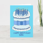 Carte Joyeux anniversaire Son Cartoon gâteau et bougies<br><div class="desc">Un grand gâteau d'anniversaire avec des bougies allumées et les mots "Joyeux Fils d'anniversaire" collés à un arrière - plan bleu vif.</div>