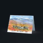 Carte Joyeux anniversaire Son Desert Mountain Cows<br><div class="desc">Une joyeuse carte de voeux d'anniversaire pour un fils décoré d'un groupe de vaches Black Angus paissant dans le désert du Nevada avec des montagnes au loin dessinées à l'encre et aquarelle avec une couleur gris-bleu à l'intérieur. Vous pouvez customiser la carte pour un autre membre de la famille ou...</div>