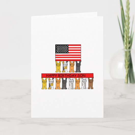 Carte Joyeux anniversaire Son USA Drapeau et chats caric (Devant)