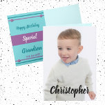 Carte Joyeux anniversaire spécial Grandson photo<br><div class="desc">Remplacez la photo à l'avant et le nom. Ajoutez/remplacez le texte dans Happy Birthday special Grandson. Intérieur conçu dans le violet et le turquoise. **Si le texte noir sur le devant ne s'affiche pas contre votre photo, cliquez sur personnaliser/personnaliser ce modèle, faites défiler le menu déroulant, puis cliquez sur "Cliquez...</div>