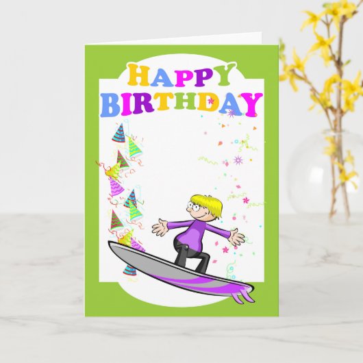 Carte Joyeux anniversaire, surfer extrême (Fleur jaune)