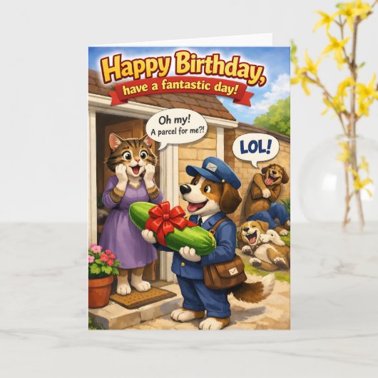 Carte Joyeux anniversaire, surprise, colis de concombre (Fleur jaune)