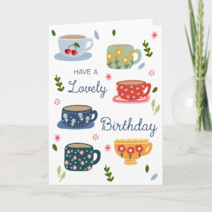 Carte Joyeux Anniversaire Tasses à Thé et Fleurs