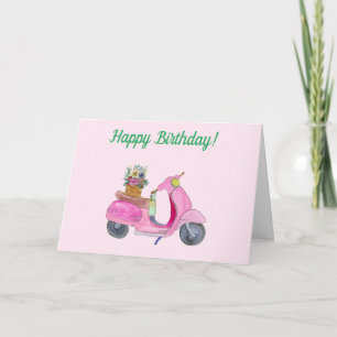 Carte Joyeux Anniversaire Trottinette Aquarelle Fleurs &