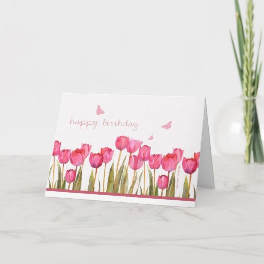 Carte joyeux anniversaire, tulipes roses et papillons (Devant)