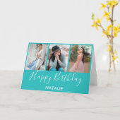 Carte Joyeux anniversaire Turquoise et blanc 3 photo Col (Fleur jaune)