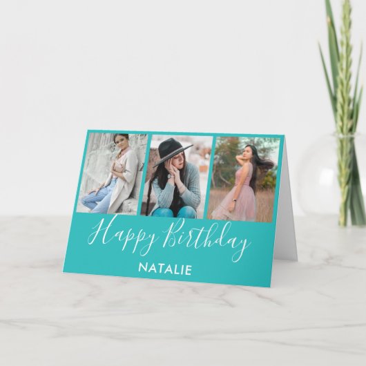 Carte Joyeux anniversaire Turquoise et blanc 3 photo Col (Devant)
