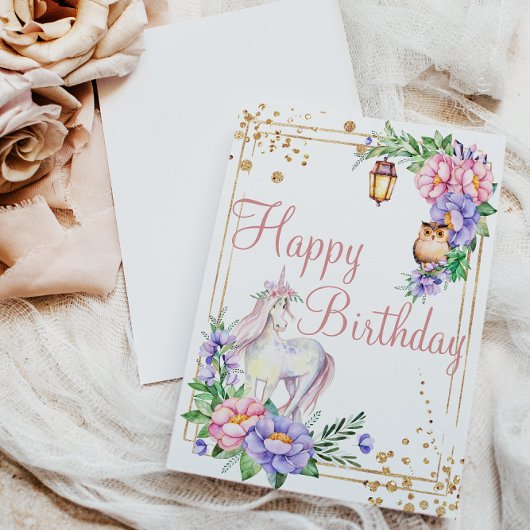 Carte Joyeux anniversaire Unicorn Owl aquarelle Floral