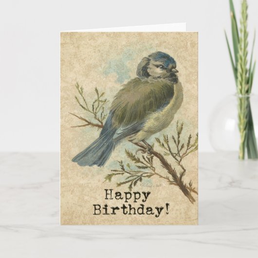 Carte Joyeux anniversaire, Vintage Bluetit Bird (Devant)