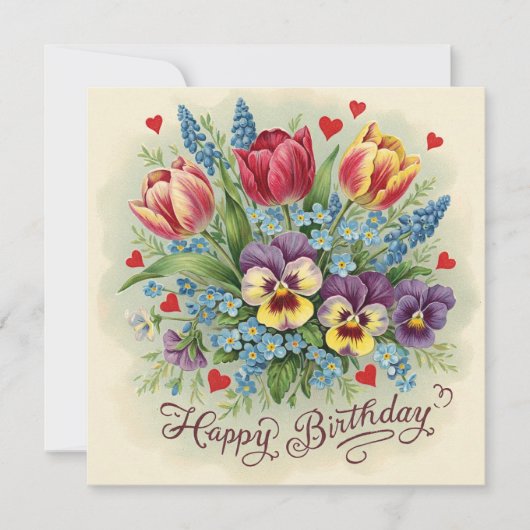 Carte Joyeux anniversaire Vintage Printemps Bouquet (Devant)