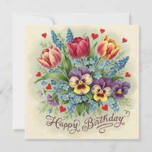 Carte Joyeux anniversaire Vintage Printemps Bouquet