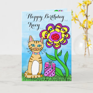 Carte Joyeux anniversaire Whimsical Chat et Fleurs