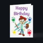 Carte Joyeux artiste d'anniversaire<br><div class="desc">Carte d'anniversaire mignonne pour tous vos amis artistiques. Un jeune artiste masculin habillé d'un manteau blanc éclaboussé de peinture, de jeans et d'un dessus bleu et d'un béret rouge sur la tête. D'une part, il tient un pinceau et d'autre part une palette de peinture. Au-dessus de sa lecture dit Joyeux...</div>