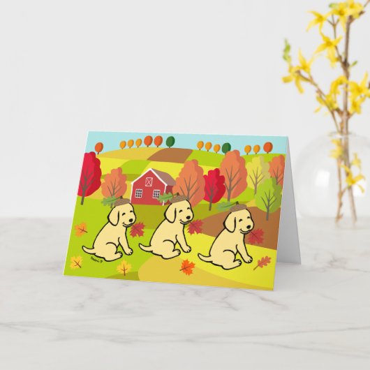 Carte Joyeux automne Jaune Labrador Retriever souriant (Fleur jaune)
