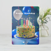 Carte Joyeux Ballons Bleus Bleu Gâteau d'anniversaire (Debout devant)