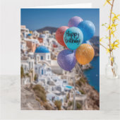 Carte Joyeux ballons d'anniversaire à Santorin, Grèce (Fleur jaune)
