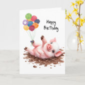 Carte Joyeux Ballons d'anniversaire Petit Cochon Roulant (Fleur jaune)