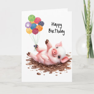 Carte Joyeux Ballons d'anniversaire Petit Cochon Roulant