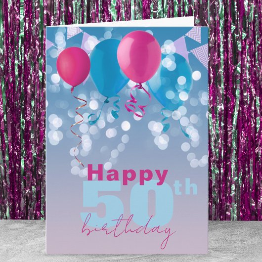 Carte Joyeux Ballons Lights Bunting Flags 50e anniversai