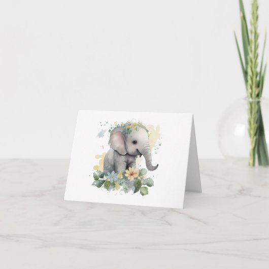 Carte Joyeux bébé aquarelle éléphant avec fleurs BLANC (Devant)