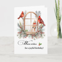 Joyeux Birthday Cardinal Birds in Window