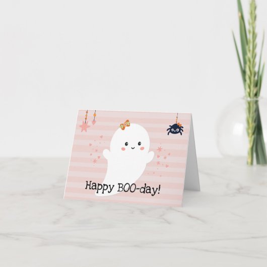Carte Joyeux BOOday Fantôme Kawaii Rose Halloween (Devant)