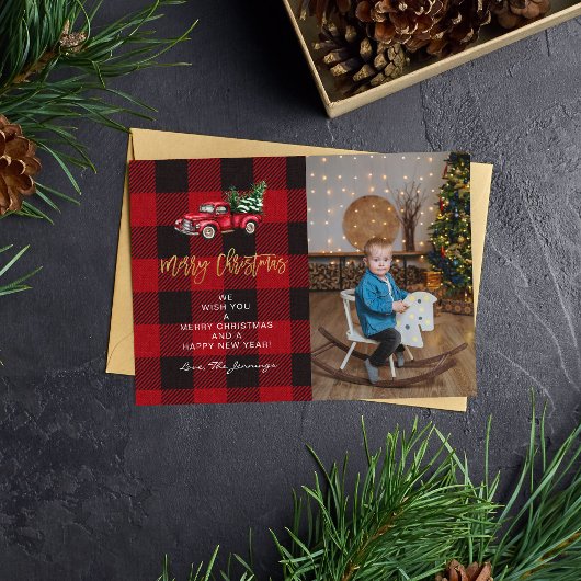 Carte Joyeux Camion de Noël & Buffalo Check Photo V