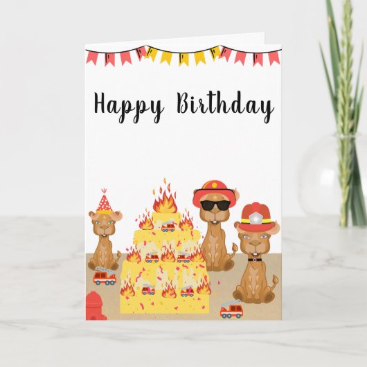 Carte joyeux chameau pompier d'anniversaire gâteau jaune (Devant)