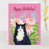 Carte Joyeux chat d'anniversaire (Fleur jaune)