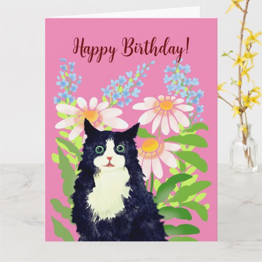 Carte Joyeux chat d'anniversaire (Fleur jaune)