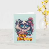 Carte Joyeux Chat d'anniversaire (Fleur jaune)
