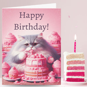 Carte Joyeux Chat D'Anniversaire Avec Gâteau Rose