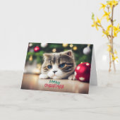 Carte Joyeux chat de Noël mignonne aux yeux bleus (Fleur jaune)