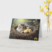 Carte Joyeux Chat de Pâques avec poussins (Fleur jaune)