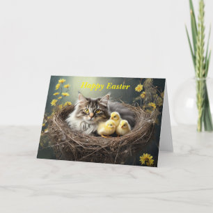 Carte Joyeux Chat de Pâques avec poussins