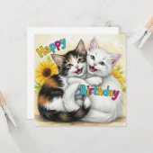 Carte Joyeux Chats d'Accouchement d'Anniversaire (Devant/Arrière en situation)