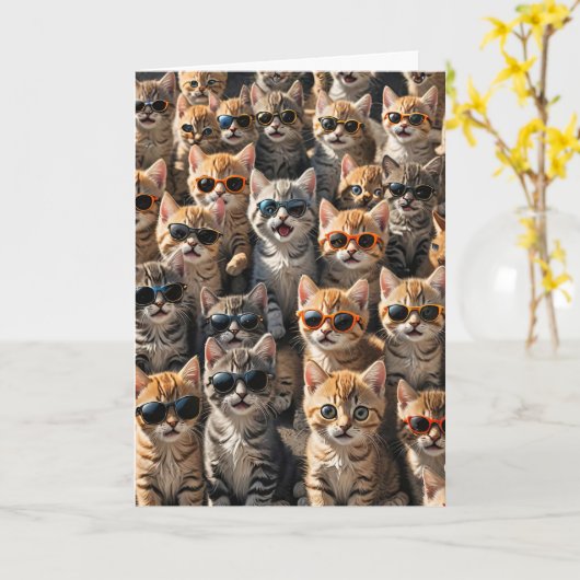 Carte Joyeux Chats d'Anniversaire Du Groupe (Fleur jaune)