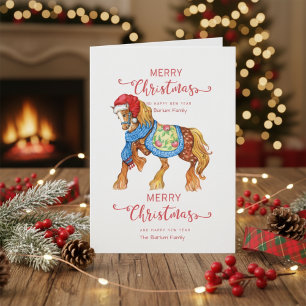 Carte Joyeux Cheval de Noël avec Santa Hat Salutation