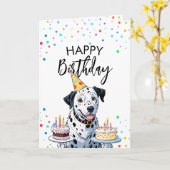 Carte Joyeux Chien dalmate tenant des gâteaux Anniversai (Fleur jaune)