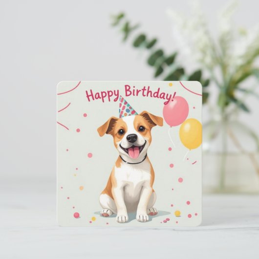 Carte Joyeux chien d'anniversaire avec Casquette de fête (Debout devant)