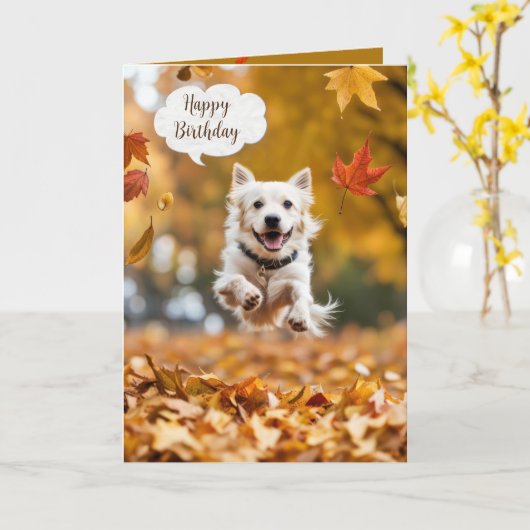 Carte Joyeux Chien D'Anniversaire En Feuilles Automnes (Fleur jaune)