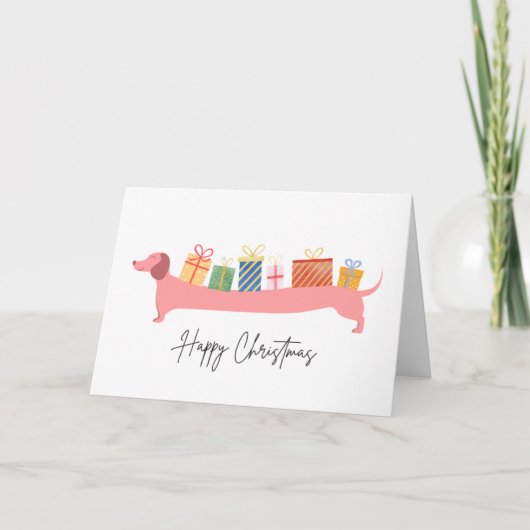 Carte Joyeux Chien de Noël Dachshund présente Noël (Devant)