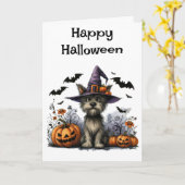Carte Joyeux chien d'Halloween dans un Casquette de sorc (Fleur jaune)