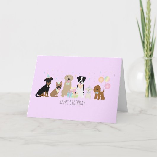 Carte Joyeux Chiens de fête d'anniversaire pourpre (Devant)