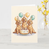 Carte Joyeux Chiens d'or d'excursion d'anniversaire (Fleur jaune)