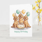 Carte Joyeux Chiens d'or d'excursion d'anniversaire (Fleur jaune)
