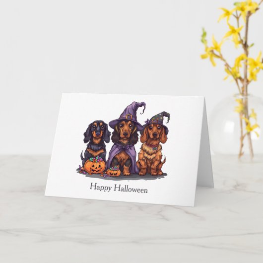 Carte Joyeux Chiens sorciers Halloween Dachshund (Fleur jaune)