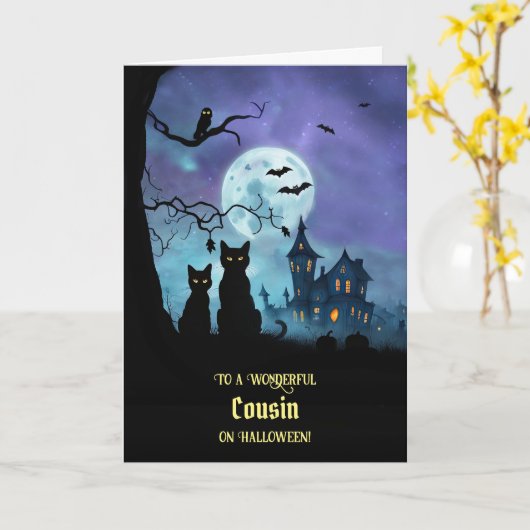 Carte Joyeux Chouette de Cousin d'Halloween (Fleur jaune)