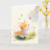 Carte Joyeux Corgi avec la danse papillon (Fleur jaune)