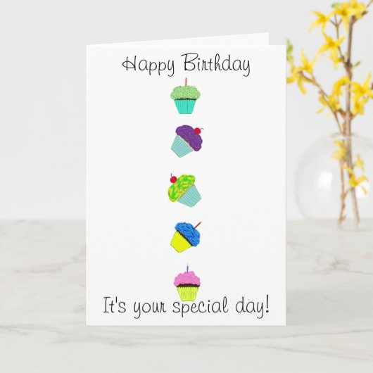 Carte Joyeux Cupcakes colorés d'anniversaire (Fleur jaune)